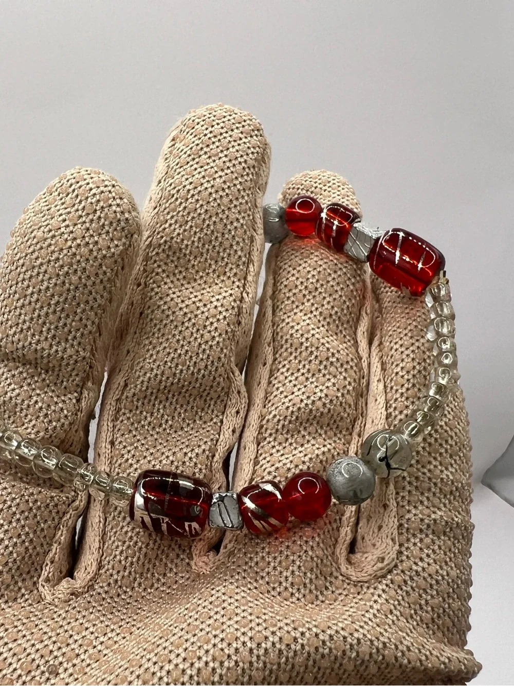 Handmade Red & Silver Glass Beaded Elastic Statement Bracelet